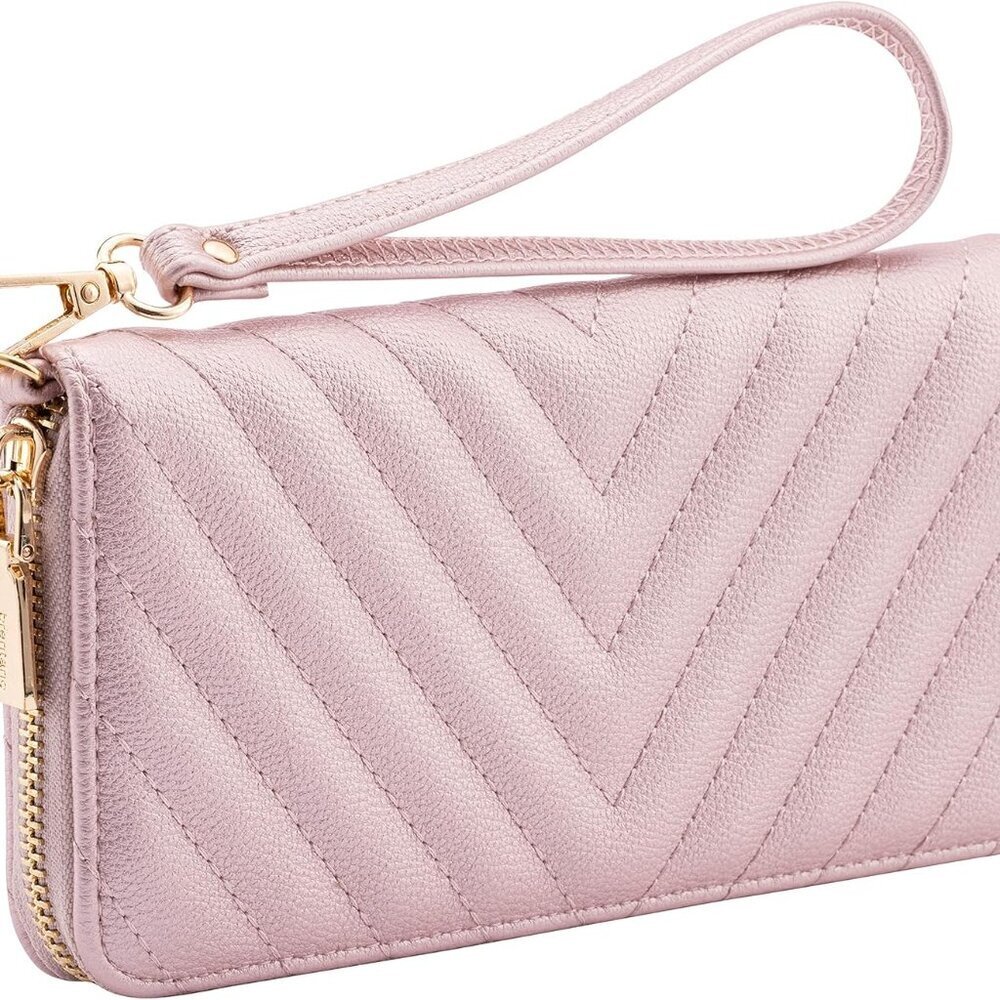 Vegan Leather Wallet Slim Zipper Card Holder With Wrist Strap For Women